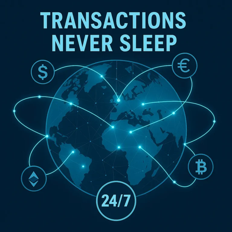 Global network of 24/7 digital transactions across borders in cryptocurrency