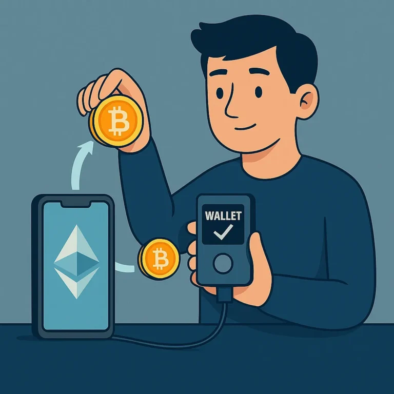 Illustration of a person transferring Bitcoin and Ethereum to a hardware wallet
