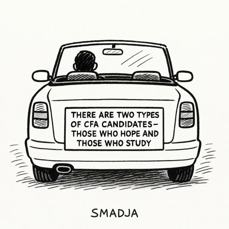Cartoon of a car bumper with a sticker that reads, “There are two types of CFA candidates—those who hope and those who study.”