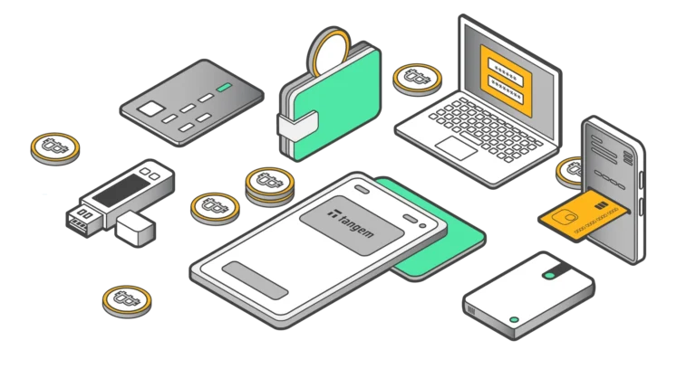 Graphic showing different crypto wallet types including hardware, mobile, and desktop wallets