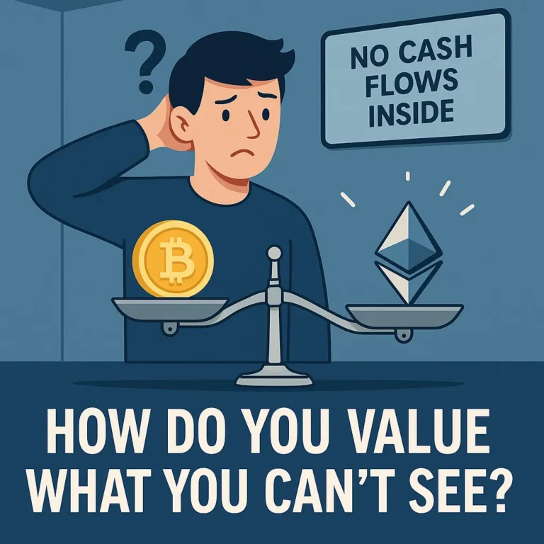 Confused person weighing Bitcoin and Ethereum on a scale with a “No Cash Flows Inside” sign
