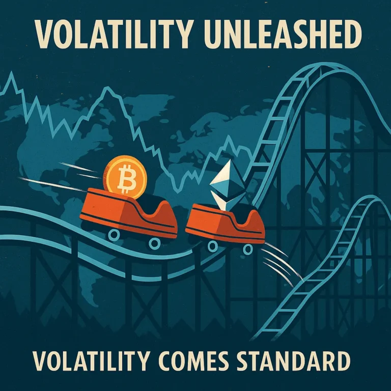 Bitcoin and Ethereum riding a rollercoaster over jagged price charts