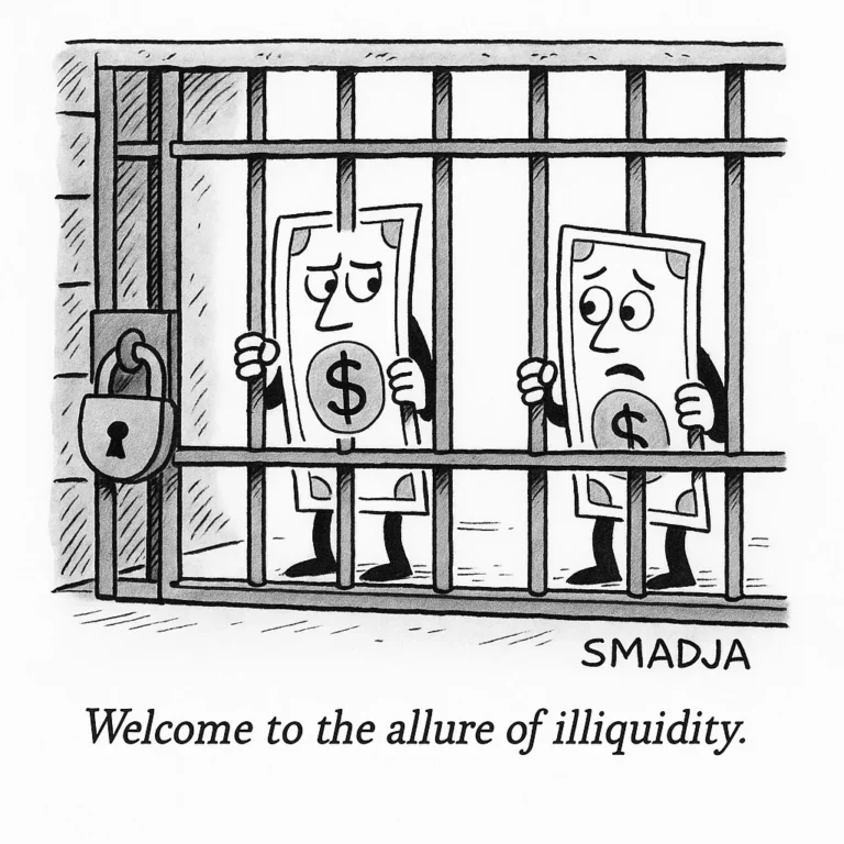 Cartoon of dollar bills trapped behind jail bars, symbolizing illiquidity in private markets