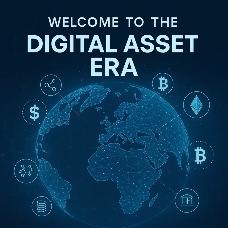 Global wireframe with Bitcoin, Ethereum, and blockchain icons surrounding the digital economy