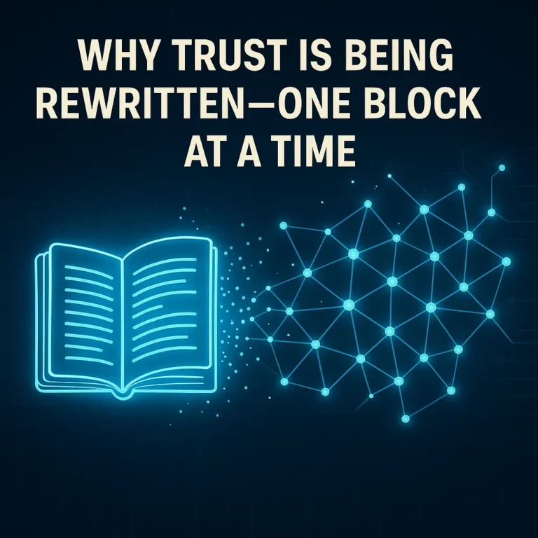 Glowing ledger book transforming into interconnected blockchain nodes