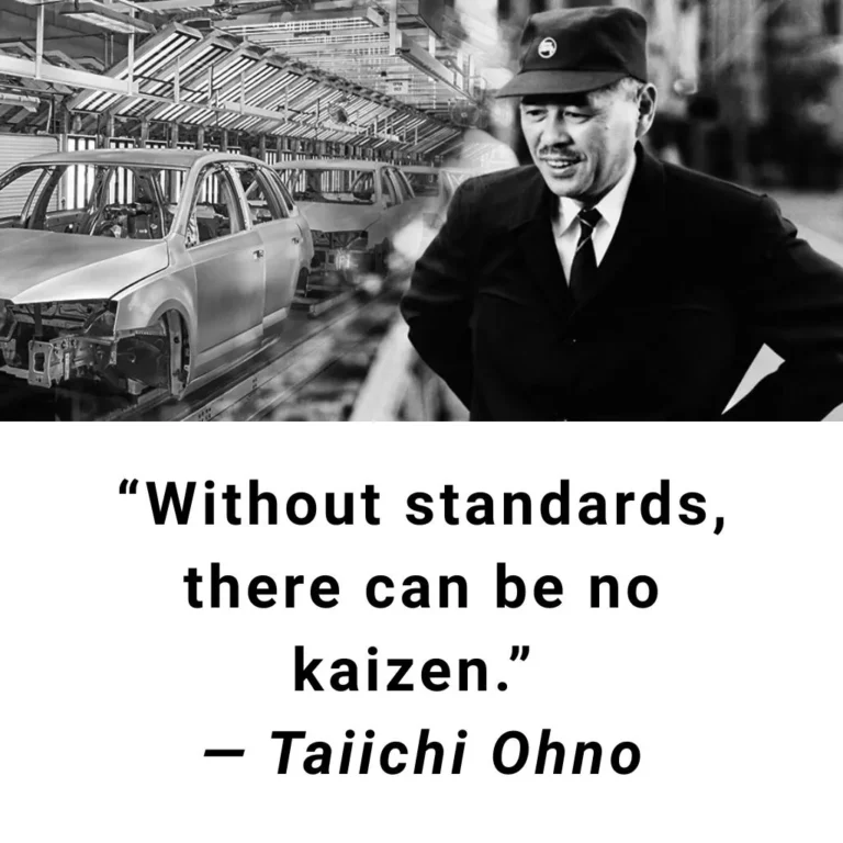Black and white photo of Taiichi Ohno with car assembly line background and quote about standards and improvement.