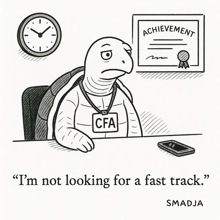 Cartoon of a tortoise wearing a CFA badge sitting at a desk with the caption “I’m not looking for a fast track”