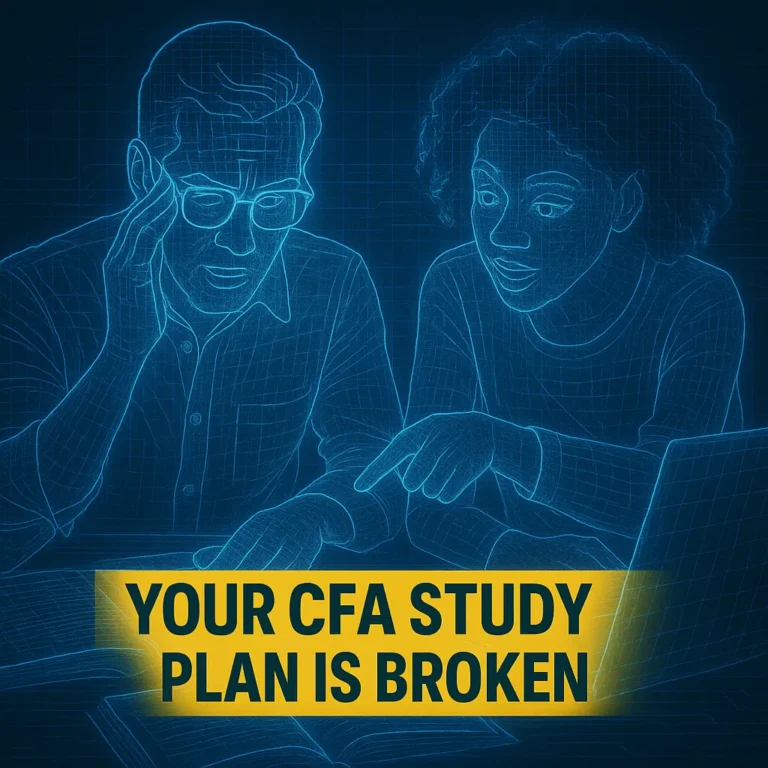 Two people analyzing a broken CFA study plan displayed as glowing blue holograms, with yellow banner text saying “Your CFA Study Plan Is Broken”