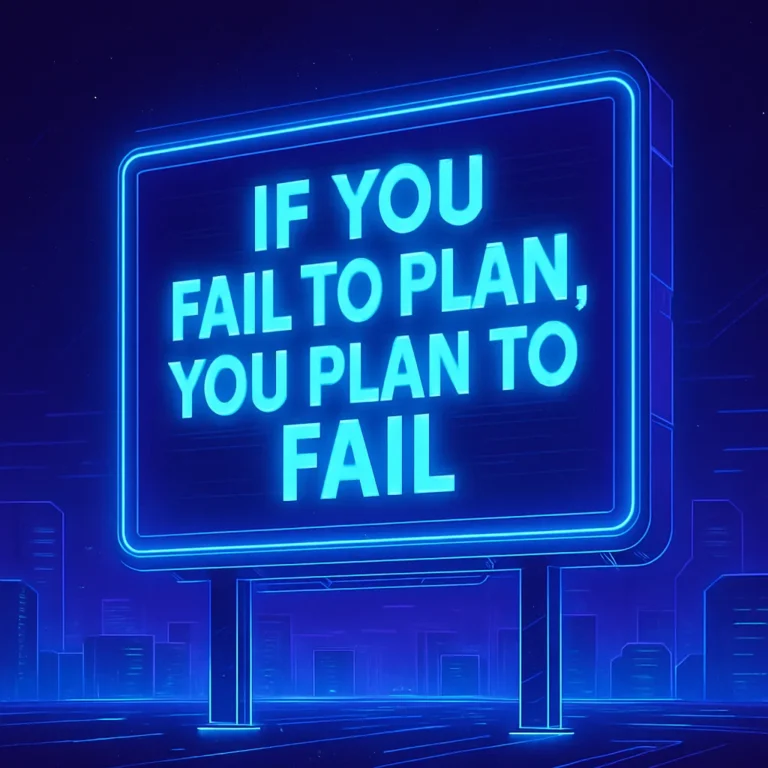 Futuristic neon billboard in a cyberpunk city reading “If you fail to plan, you plan to fail” in glowing blue letters.