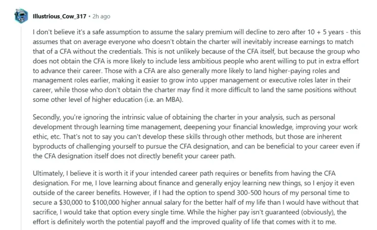 Reddit comment highlighting intrinsic and compounding value of CFA Charter