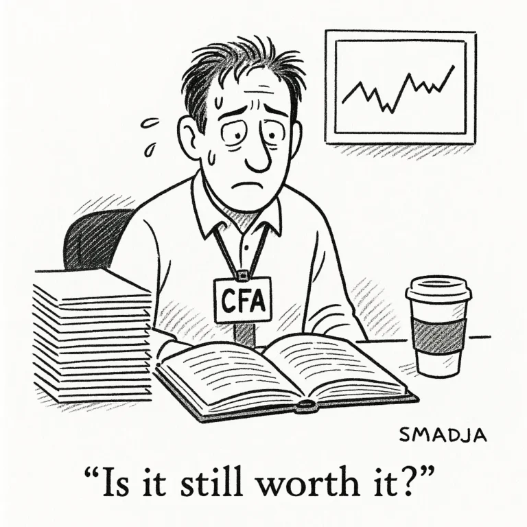 Cartoon of a stressed CFA candidate at a desk with a coffee cup and study books, captioned “Is it still worth it?”