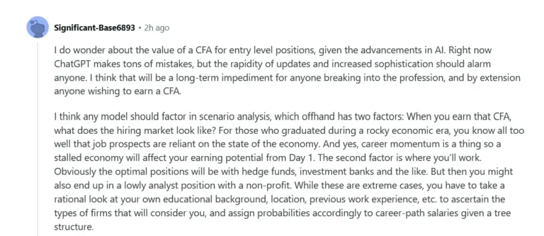 Reddit comment on AI disruption and scenario modeling for CFA careers