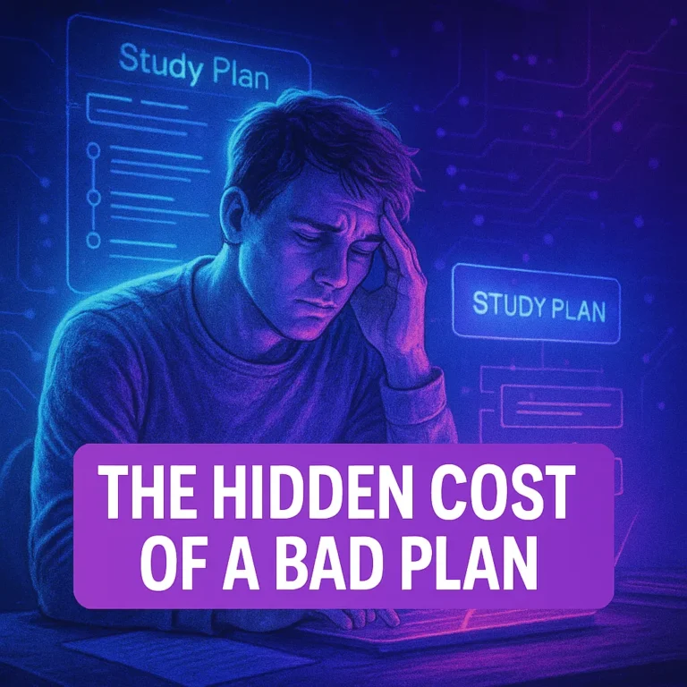 Stressed man at desk surrounded by glowing holographic study plans, with bold purple text reading “The Hidden Cost of a Bad Plan.”