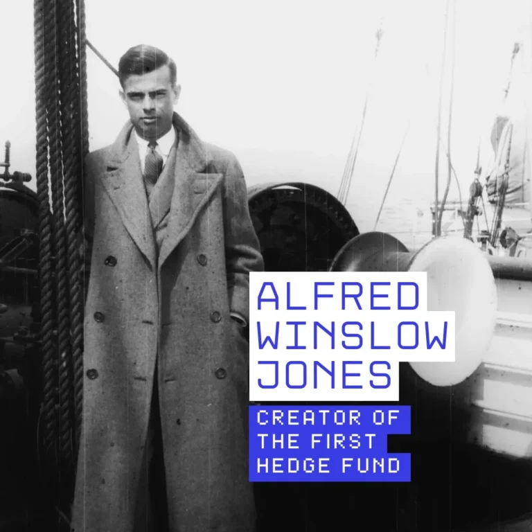 Black and white photo of Alfred Winslow Jones, the creator of the first hedge fund, standing on a ship deck in a long coat