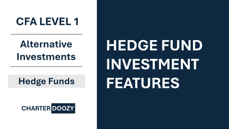 Slide titled “Hedge Fund Investment Features” for CFA Level 1 Alternative Investments module from Charter Doozy