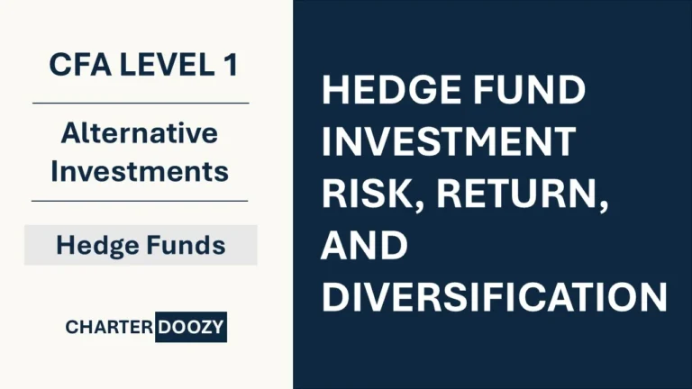 Slide titled “Hedge Fund Investment Risk, Return, and Diversification” for CFA Level 1 Alternative Investments from Charter Doozy