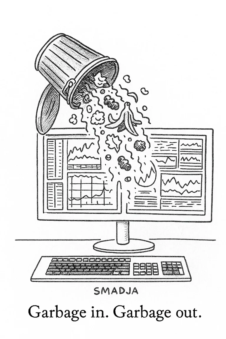 Trash spilling from garbage can into a computer screen with financial charts, symbolizing garbage in, garbage out in data analytics