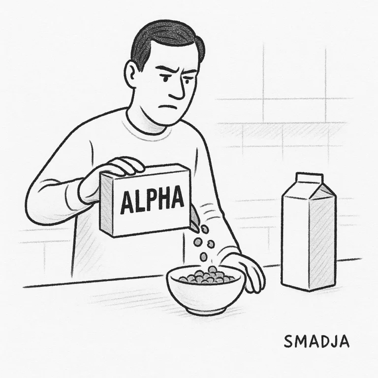 Serious man pours cereal labeled Alpha into a bowl, symbolizing hedge fund managers designing strategies.