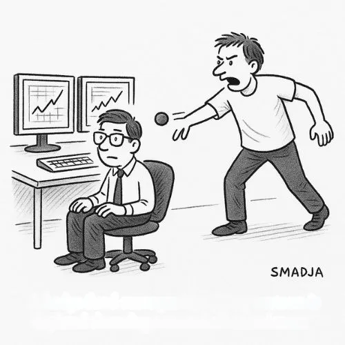 Angry man throws ball at an intern working at computer screens, satirizing Hollywood’s hedge fund stereotypes.