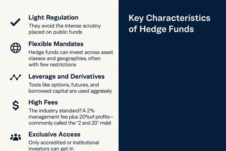 Graphic listing key characteristics of hedge funds including regulation, mandates, leverage, fees, and investor access.