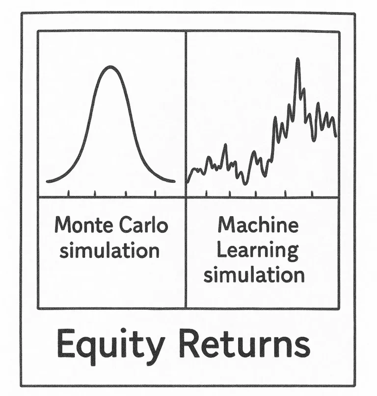 Comparison of bell curve from Monte Carlo simulation and jagged line from machine learning simulation for equity returns