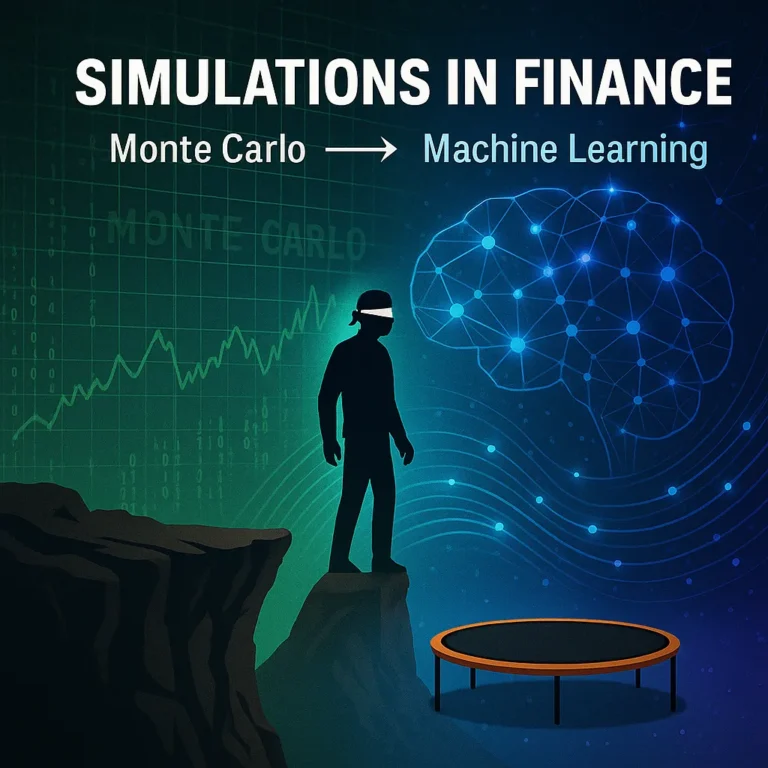 Blindfolded person on cliff edge with trampoline below, financial graphs and neural network symbolizing Monte Carlo and machine learning simulations in finance