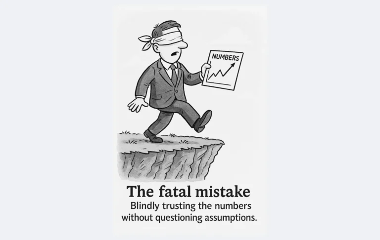 Cartoon man in suit blindfolded, stepping off cliff while holding a chart labeled “Numbers,” representing blind trust in data