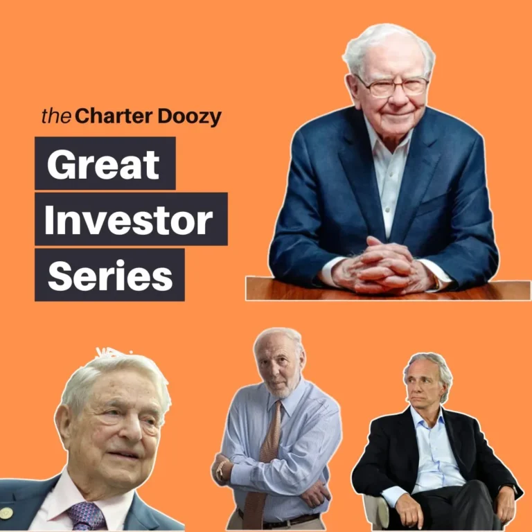 Warren Buffett, George Soros, Jim Simons, and Ray Dalio featured in Charter Doozy’s Great Investor Series on an orange background