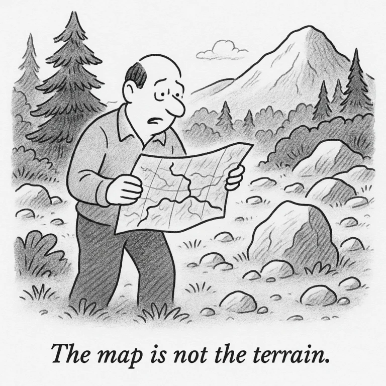 Cartoon man holding a map looking confused in the wilderness, symbolizing difference between models and reality