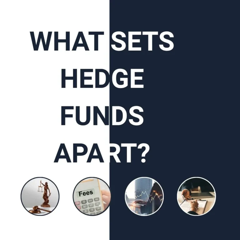 Graphic with title “What Sets Hedge Funds Apart?” and icons representing regulation, fees, trading flexibility, and investor access.