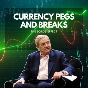 Illustration of currency pegs and breaks with George Soros and financial chart background