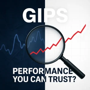 Magnifying glass revealing clear red line graph over blurred blue graph, symbolizing GIPS transparency in investment performance reporting
