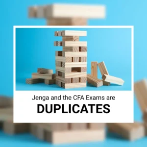 Jenga blocks stacked on a blue background with a caption comparing them to CFA exam preparation