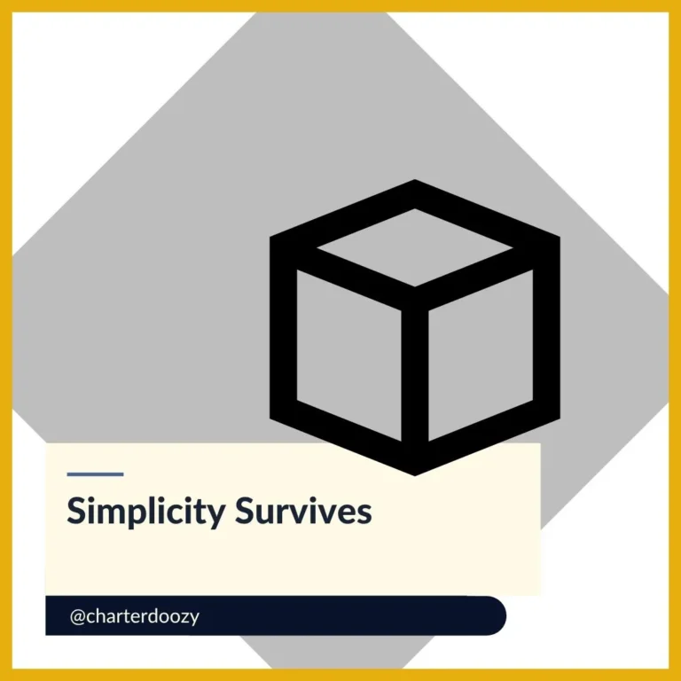 Minimalist cube icon with caption "Simplicity Survives" and @charterdoozy branding